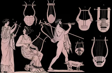 Instrumento musical da Grécia Antiga: lira e cítara (cithare) (kithara) - gravura de «Usi e Costumi di Tutti i Popoli dell