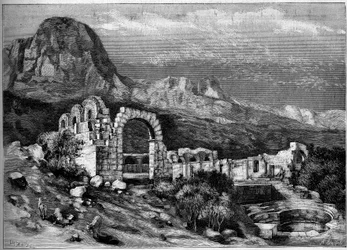 Arquitectura antiga: ruínas do templo romano de Zaghouan (Tunísia). Gravura de Riugel em "The Illustrous World" n°1308 de 22 de Abril de 1882.
