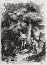 Angelique (Angélica) salvamento Medor (Medoro) wesse - Gravura de 1851 de "Furious Roland" (Orlando furioso) (século XVI) de Ludovico Ariosto, conhecido como Ariosta - Edição traduzida do italiano pelo Conde de Tressan e publicada por Gustave Harv