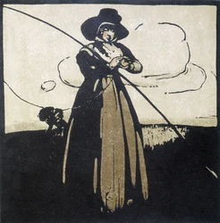 A pesca à linha: Mulher a preparar o seu anzol - calendário