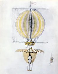 Desenho anónimo de um balão de veleiro com um pára-quedas de cone.