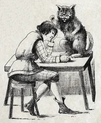 Ilustração anônima de "Le chat Botte", conto de Charles Perrault (1628-1703), escritor francês. Imagery Marcel Vagne, Jarville Nancy, sem data (final do século XIX).