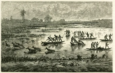 A caça aos antílopes, a caça anual durante a migração, os antílopes abrandados na água do rio são abatidos pelos guerreiros Marutse, que os perseguem em equilíbrio em canoas. Gravura para ilustrar a história "Au pays des Marutses", em 1875-1879, pelo Dr. E