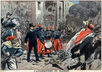 Anti-semitismo na Argélia, em 1898 - Em Argel, houve protestos contra o anti-semitismo, o governador-geral Louis Lepine interveio para impedir o saque de lojas judaicas, uma ilustração do jornal "Le-Pelerin" de 6 de fevereiro