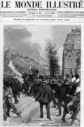 Demonstração anti-padaria: Demonstração da Praça Saint Michel, onde as cópias do "Lanterna" são queimadas. Desenho de Gerardin para a capa de "O Mundo Ilustrado" de 1888.