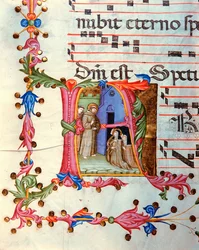 Antifonário na nota 7, livro que contém os cânticos a entoar pelo coro durante a missa (pergaminho)