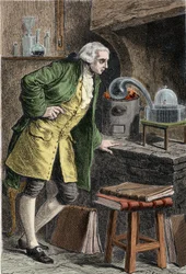 Antoine Laurent Lavoisier (1743-1894), químico francês, investigando a existência de oxigénio no ar: experiência em que obteve óxido de mercúrio - Lavoisier no seu laboratório. Gravura do século XIX.