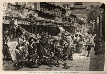Aparecimento de uma rua em Edo (Tóquio) no primeiro dia do ano, os habitantes travestis passeiam e os jogos das crianças são omnipresentes: pipas (papagaios) de papel, pontos, topos e aros, sapatos de neve, cachorros e efígies feitos de mache de papel, ent
