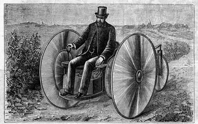 Aplicação de baterias Faure: triciclo eléctrico em movimento através do acumulador. Gravação no "Le Monde Illustré".