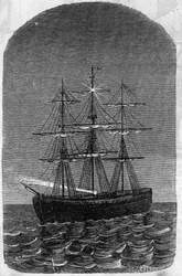 Aplicação de baterias Faure: navio em mar aberto iluminado por electricidade. Gravação no "Le Monde Illustré".