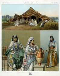 Tenda árabe, trajes femininos argelinos - em "Le costume historique" de Racinet