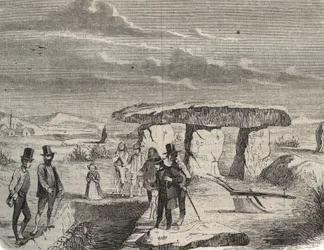 Escavações arqueológicas: descoberta de tumbas gregas perto das Dolmen de la Pierre aux Fees (Pierre-aux-Fees) no Oise (60). Gravura a partir de 1856 em "Le Musee Des Sciences".