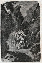 Argie atacado pelas ordens do seu noivo - gravura de 1851 de "Furious Roland" (Orlando furioso) (século XVI) de Ludovico Ariosto, conhecido como Ariosta - Edição traduzida do italiano pelo Conde de Tressan e publicada por Gustave Harvar