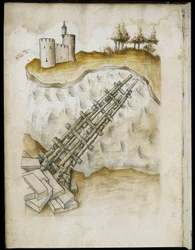 Disposição de uma ponte de madeira - Manuscrito: folha de pergaminho de um manual de engenharia para a construção de edifícios civis, religiosos e militares, anónimo, finais do século XV (figura em tinta chinesa)