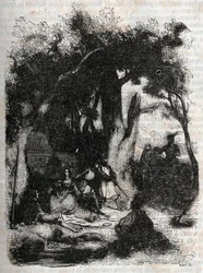 Chegada de Rodomont e Mandricard à fonte de Merlin - gravura de 1851 de "Roland furieux" (Orlando furioso) (século XVI) de Ludovico Ariosto, conhecido como Ariosta - Edição traduzida do italiano pelo Conde de Tressan e publicada por