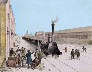Chegada do comboio de mercadorias da Linha Paris Orleans - Gravura do século XIX - Colecção Privee