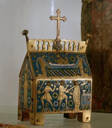 Obra: relicário em e-mail, ouro e cobre de São Tomás Becket (1118-1170), arcebispo de Cantuária - É decorado de representações do assassinato do arcebispo em 29/12/1170 na Catedral de Cantorbery e do seu funeral (esmalte, ouro e co