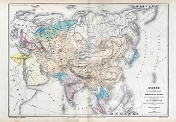Ásia na época do maior domínio mongol sob o domínio de Qubilai (Kubilai Khan) (1260-1294) - Mapa preparado por M J-H Schnitzler, Atlas Histórico e Pitoresco 1857