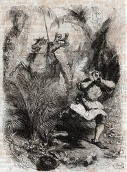 Astolphe faz fugir Caligorant - 1851 gravura de "Furious Roland" (Orlando furioso) (século XVI) de Ludovico Ariosto, conhecido como o Ariosto - Edição traduzida do italiano pelo Conde de Tressan e publicada por Gustave Harvard 1851