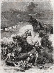 Astolphe faz fugir mulheres homicidas - Gravura de 1851 de "Furious Roland" (Orlando furioso) (século XVI) de Ludovico Ariosto, conhecido como Ariosta - Edição traduzida do italiano pelo Conde de Tressan e publicada por Gustave Harvard 1851