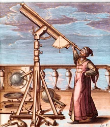 Astrônomo observando o céu com um telescópio - de: Johannes Hevelius (1611-1687), Selenographia, sive Lunae descriptio (Selenografia, ou A Description of The Moon)