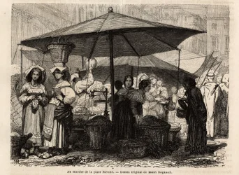 Aos pés da Piazza Navona, Roma (Itália). Gravura para ilustrar a viagem a Roma, de Francis Wey, em 1864-1868, publicada no "Le tour du monde, nouveau journal des voyages", sob a direção de Edouard Charton.