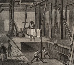 Atelier de perfuração do poço artesiano de Passy. Gravura de 1856 em "Le Musee Des Sciences".