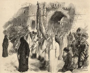 Procissão de expiação para a cessação da febre amarela em Lisboa, Portugal, em 1857. Gravura no "Le Monde ilustre" de 1857. Colecção privada.