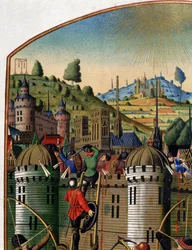 Ataque do castelo de Philippe Auguste com vista para Paris e para a forca de Montfaucon durante a guerra dos 100 anos, em meados do século XV. (detalhe de 14103).