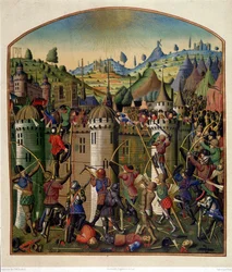 Ataque do castelo de Philippe Auguste com vista para Paris e para a forca de Montfaucon durante a guerra dos 100 anos, em meados do século XV.