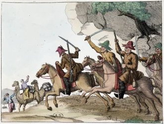 Ataque de caravana de camelos por um grupo de quirguizes (povo turco da Ásia Central de origem mongol) a cavalo, Deb. Século XIX
