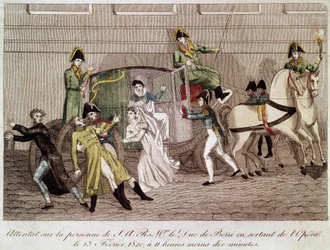 Ataque ao Duque de Berry por Louis Pierre Louvel ao deixar a Ópera em 13 de fevereiro de 1820. Gravura do século XIX.
