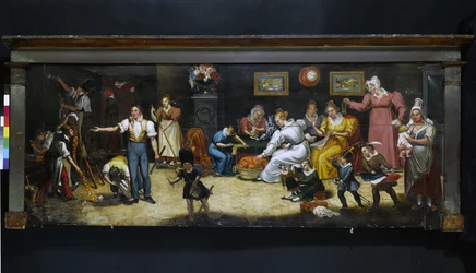 Para o bom pai. Placa de estofador-decorador. Rue Mouffetard, 5º arrondissement, Paris, cerca de 1825 (letreiro)
