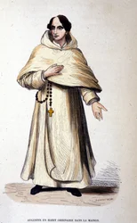 Agostinho em traje comum, religioso segundo as regras de Santo Agostinho. Gravura do século XIX.