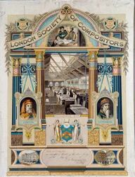 Certificado de autógrafo de clavist (operador de impressão) emitido pela Society of Clavists of London. É decorado com retratos de Johannes Gutenberg e Willima Caxton. Coleção Particular do Século XIX