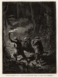 De volta da caça à noite, a presa, um urso, é amarrada e suspensa de um ramo que os caçadores carregam no ombro. Gravura para ilustrar a história Quatre mois en Florida, de M. Pousselgue, em 1851-1852, publicada em "le tour du monde", sob