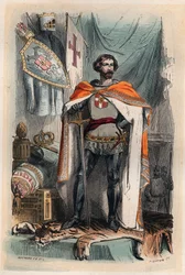 Balduíno I de Constantinopla - Retrato de Balduíno I, imperador latino do Oriente (1171-1206), tornou-se imperador de Constantinopla ao participar na Quarta Cruzada. Também conhecido como Balduíno IX da Flandres (ou Balduíno VI de Hainaut). Gravura de 1868
