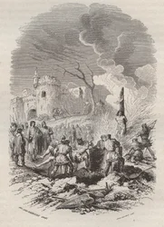 Baldwin V, Conde de Flanders (1012-1067) restabelecendo a polícia em seus estados - Gravura 1868 em "História da Bélgica desde os tempos primitivos até o fim do regimento de Leopoldo I" por Theodore Juste (1818-1888) - Coleção privada