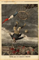 Acidente com balão em Beuzeville, após perda de gás, o aeronaut perdeu o controle e caiu de seu balão, no qual embarcou sem nacele. Gravação em "Le petit journal" 30/7/1899. Coleção Selva.