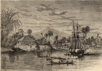 Bangalow, casa de Sir James Brooke, conhecido como o Rajá de Sarawak (1803-1868), primeiro rajá branco de Sarawak, nos arredores de Sarawak (Bornéu). Gravura em "Le Monde illustrious" de 1857. Coleção privada.
