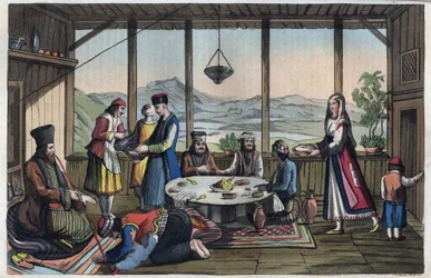 Cena de banquete na Grécia no século XIX - gravura de «Usi e Costumi di Tutti i Popoli dell