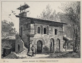 Casa Bárbara do período Gallo Romaine (Gallo-roman) - (Casa Bárbara época Gallo Romana) gravura de 1889 em "Histoire de habitation humaine à l