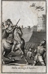 Invasões bárbaras - Attila (ca. 406-453), rei dos hunos, durante o cerco de Aquilee (Aquileia) na Itália, 452. Gravura em "Beaute de l