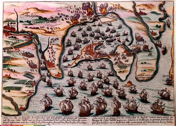 Plano de Batalha de Cales Males (Espanha) em 30 de Junho de 1596. A frota do exército holandês e inglês entra como amigos em Cales Males com 180 navios. No dia seguinte, 1 de Julho, surpreendidos pela traição, tiveram de abandonar a cidade com vergonha. Gr