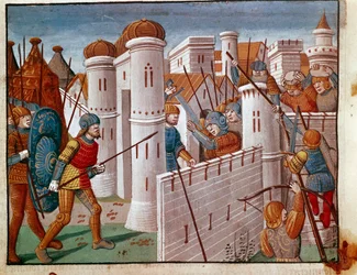 Batalha aos pés das muralhas de uma cidade miniatura tirada de "Os Fatos dos Romanos", relatando a vida dos doze Césares. Veneza do século XIII, biblioteca Marciana