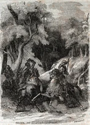 Batalha entre Roland e Ferragus - Gravura de 1851 de "Furious Roland" (Orlando furioso) (século XVI) de Ludovico Ariosto, conhecido como Ariosta - Edição traduzida do italiano pelo Conde de Tressan e publicada por Gustave Harvard 1851