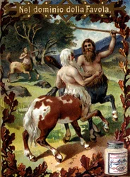 Batalha entre centauros. Vinheta publicitária. chromolithographof do final do século XIX.