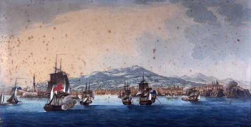 Batalha no porto de Genes entre navios franceses e ingleses. Andre Massena dirige o quartel-general de Genes. Pintura anónima do século XIX. Museo Navale de Genova Pegli.