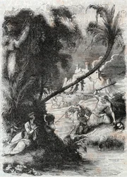 Batalha de Griffon e Aquilant contra Orrile - gravura de 1851 de "Furious Roland" (Orlando furioso) (século XVI) de Ludovico Ariosto, conhecido como Ariosta - Edição traduzida do italiano pelo Conde de Tressan e publicada por Gustave Harvard