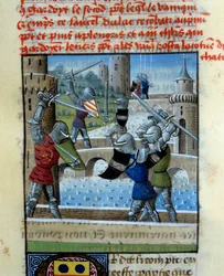 Batalha dos Cavaleiros Palamede e Artus. Miniatura em "Roman Du Grail".